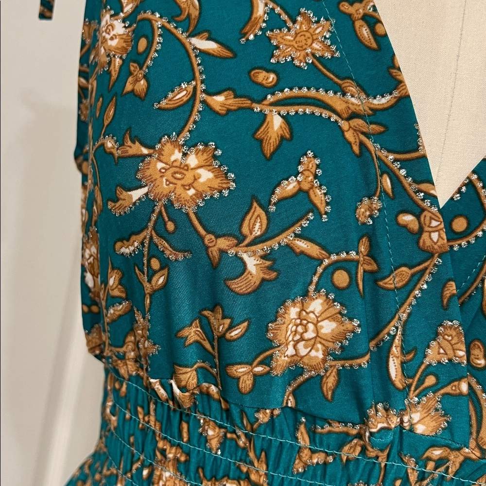 Teal Floral Midi Dress with Tie Straps - Picture 3 of 5